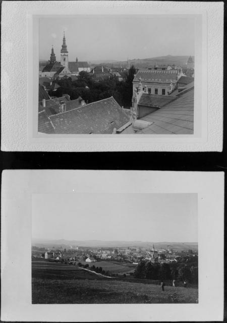 Pelhřimov  nahoře  -  pohled ze střechy poštovního úřadu, vlevo bývalý zámek a kostel, vpra... reprodukce,Pelhřimov
