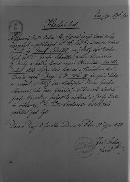 Křestní list Josefa Šechtla 1813   reprodukce,Křestní list ,Josef Šechtl