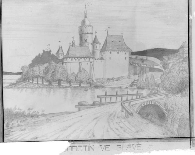 podobu hradu Borotín v době slávy(dosti naivně)nakreslil
 spisovatel F.R.V.Dražan Borotínský-okolo r.1930   reprodukce  reprodukce,hrad,Borotín,kresba