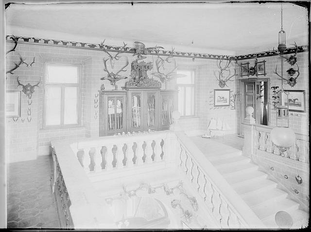   Na víku: Princ Rohan r. 1902 na Choustníku interier,zánek,Choustník,Rohan,schodiště,parohy