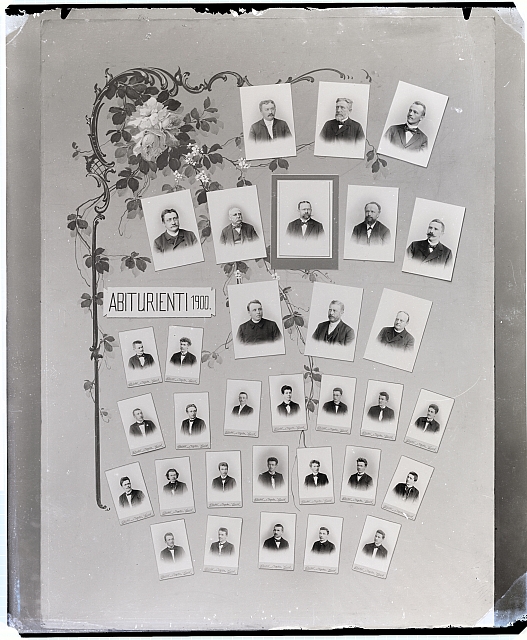 Tablo - abiturienti 1900 - 32 obrázků, logo  Na krabičce:  614 v kroužku, 206 Tabla: Tábor, Soběslav, Pelhřimov. Rodin. portr... tablo