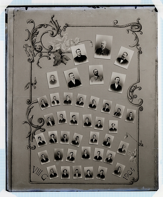 Tablo, rámeček - rostlinný  motiv, 1904, VII.G. 40 portrétů  Na krabičce:  614 v kroužku, 206 Tabla: Tábor, Soběslav, Pelhřimov. Rodin. portr... tablo
