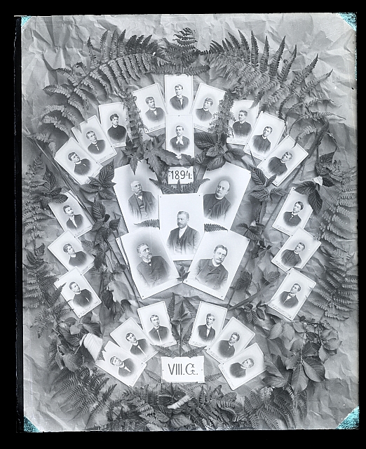 "VIII.G" - 1894 podklad zmačkaný papír, rostliny - 27 poprsí  Na krabičce:  208 v kroužku, 636 Tabla: Gymnázium, Reálné gymnázium, synagoga 1x... tablo