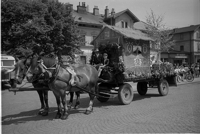 Průvod v Táboře  na obalu sokol32, škrtnuto, 1. máj 1948 sokol, Tábor,slavnost,kroj,průvod,kůň
