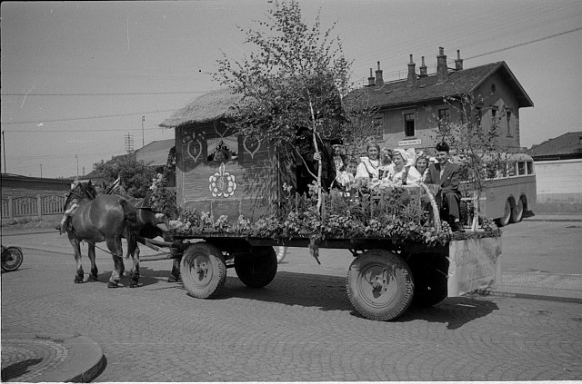 Průvod v Táboře  na obalu sokol32, škrtnuto, 1. máj 1948 sokol, Tábor,slavnost,kroj,průvod,kůň,nádraží