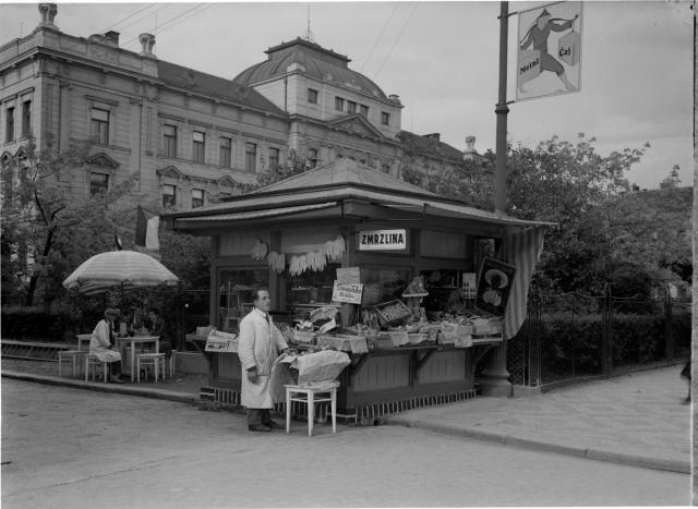 Stánek se zmrzlinou před budovou Akademie v době výstavy, 1929   Tábor,Třída 9. května,zemědělská škola,obchod