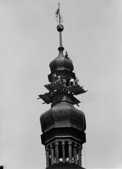 Oprava věže táborské 2.8.1927   Tábor,kostel