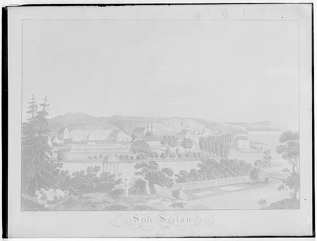 Klášter Želiv celkový pohled rytina od V. B. Juhna  na obálce Želiv  sign .423 inv.č. 512 klášter Želiv