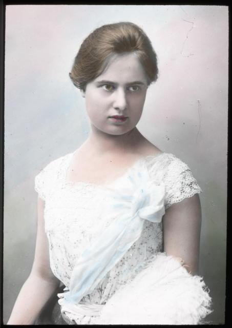 Marie Záhořová Němcová, hand coloured slide 8x8cm  portrait, lady, fan, Marie Záhořová Němcová