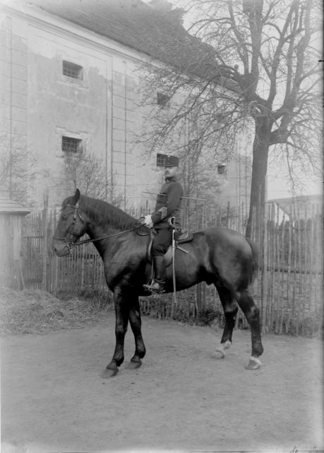 Jezdec v Pelhřimově u barokního špýcharu r. 1913  v Pelhřimově u barokního špýcharu z roku 1730, zbourán 1989 R. Čech portrét,jezdec,kůň