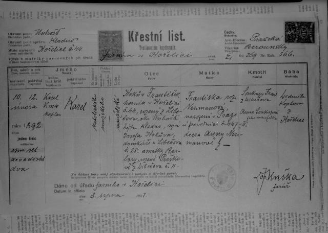 Křestní list Karla Hokův   reprodukce,dokument,Karel Hokův