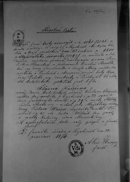 Křestní list Kateřiny Šťastné 1874   reprodukce,Křestní list, Kateřiny Šťastná