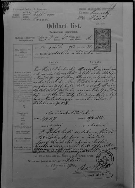 Oddací list Karla Karlovského 1903   Oddací list, Karel Karlovský, reprodukce