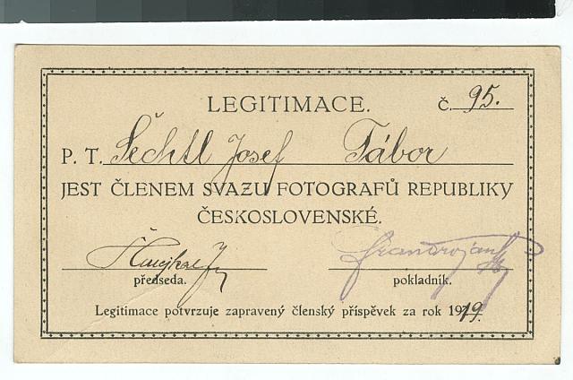 Legitimace svazu Československých fotografů pro Josefa Jindřicha Šechtla   Šechtl