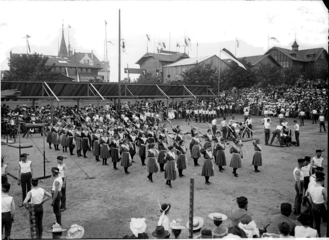 Cvičení sokolek na Krajinské výstavě v Táboře 1902   Tábor,sokol,krajinská výstava