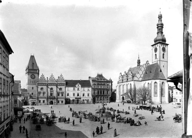 Zizka Square, with Saving Bank, built 1895  Tábor, square, town hall, dean church