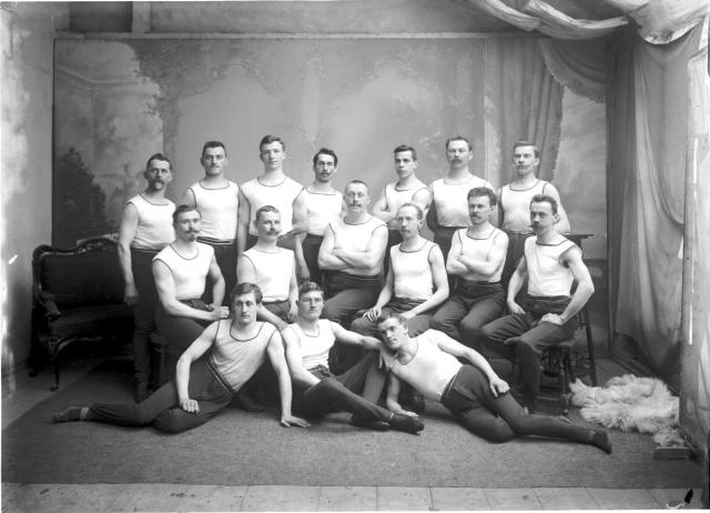 Sokols in their Exercise Clothes,  approx 1905.  J. Voseček and J. J. Šechtl in the left of second row.  group, sport