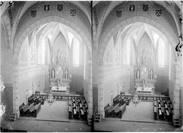 Tábor church, after 1897, with neo-Gothic altar (Czech) bude z roku 1897, protože na ní ještě není křížová cesta a ta podle naši... Tábor, dean church, stereoscopic