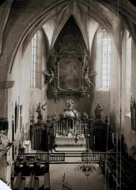 Church interior, with original Baroque altar, before restoration by important Czech architect Mocker, 1897