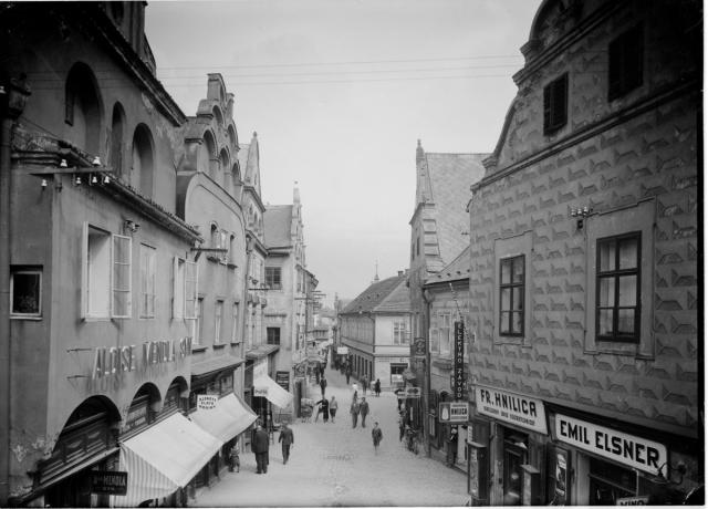 Prague Street, Tabor, about 1900 Aloise Medla syn,fr. Hnilica,Emil Elsner,Klenoty zlato hodiny Tábor, Prague street