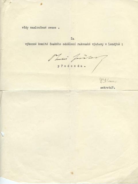 Děkovný dopis za fotografie na Rakouskou výstavu v Londýně, 1. strana (in Czech), keywords: děkovný dopis  děkovný dopis