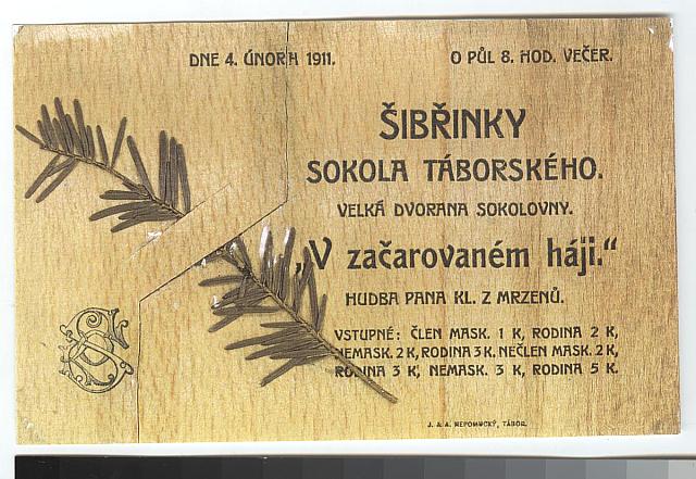 pozvánka na šibřinky 1911 (in Czech), keywords: šibřinky (Sokol festival), Sokol (Czech) K digitalizaci zapůjčil Mgr. Jan Kohout šibřinky (Sokol festival), Sokol