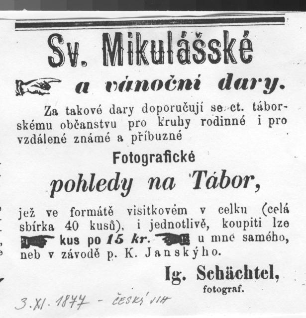 inzerát Šechtl Voseček 3. 11.1877 (in Czech), keywords: noviny, Mikuláš  noviny, Mikuláš